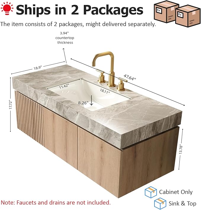 48" Floating Bathroom Vanity with Sink, Modern Plywood Bathroom Vanities with Drawer and Doors, Gray Sintered Stone Countertop and 3 Pre-drilled Faucet Holes Ceramic Basin, Pre-Assembled, Light Oak