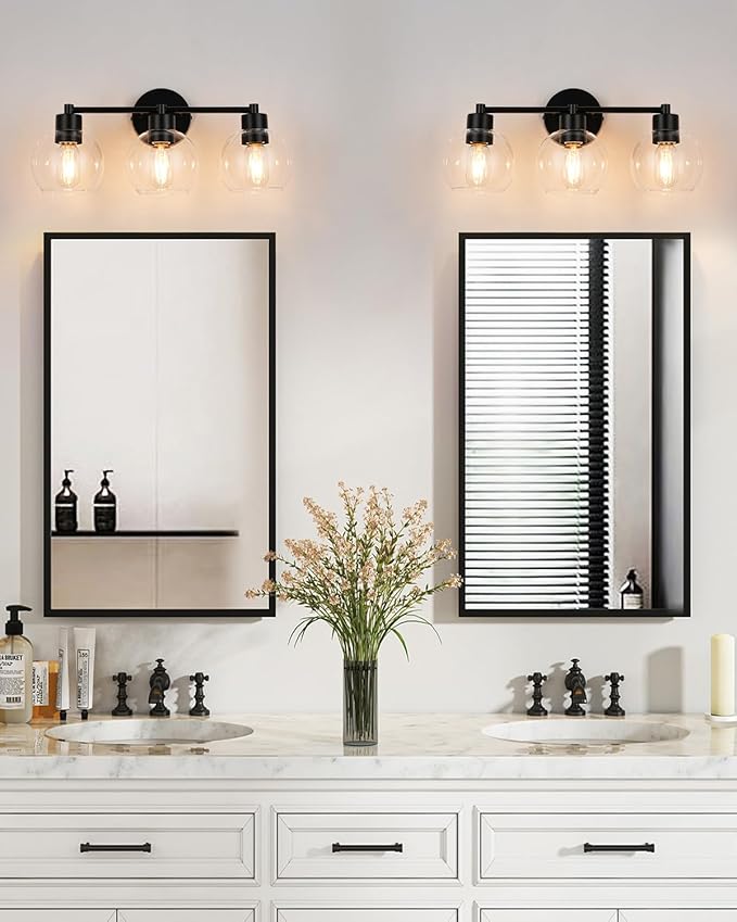 WILON Black Bathroom Light Fixtures Over Mirror, 3-Light Bathroom Vanity Light with Clear Glass Shades, Farmhouse Bath Sconce Wall Lamp with E26 Base, Wall Sconces for Bedroom, Hallway