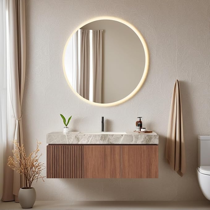 48 Inch Floating Bathroom Vanity with Sink, Modern Wall Mounted Bathroom Storage Vanity Cabinet with Sintered Stone Countertop, Brown Oak