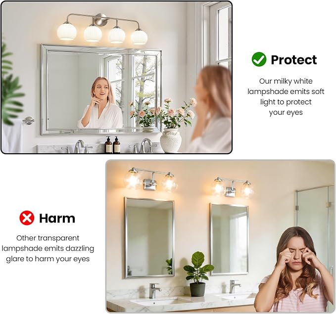 RUIYEY Bathroom Vanity Light Fixtures: 4-Lights Brushed Nickel Vintage Light Fixtures for Bathroom Above Mirror, Mid-Century Modern Wall Lights Indoor with Ribbed Lantern Frosted Milky Glass for Bath