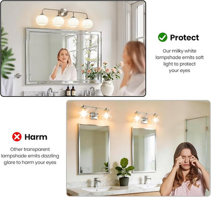 RUIYEY Bathroom Vanity Light Fixtures: 4-Lights Brushed Nickel Vintage Light Fixtures for Bathroom Above Mirror, Mid-Century Modern Wall Lights Indoor with Ribbed Lantern Frosted Milky Glass for Bath