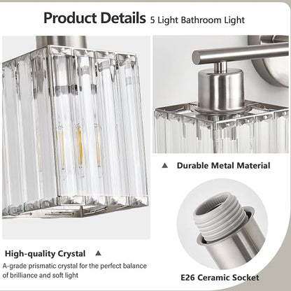 5 Light Bathroom Light Fixtures, Modern Crystal Vanity Lights over Mirror | Metal Frame, Bathroom Light with Square Crystal Shade, ETL Certified, E26 Ceramic Socket, Bulbs Not Included