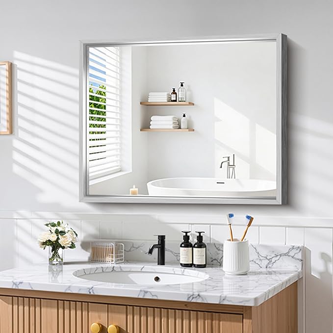 CIRCUMI 30"x36" Silver Mirror with Chunky Box Metal Frame, Brushed Finish Rectangular Bathroom Mirrors for Over Sink, Living Room, Entryway, Tempered Glass Mirror for Wall, Vertical or Horizontal