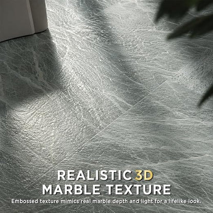 Marble Grain 12x12 Peel and Stick Floor Tile, Moss Gray Marble, 20 PCS | NO Grout, NO Mess, For Kitchen Backsplash, Bathroom Update, Non-Slip & Scratch-Resistant