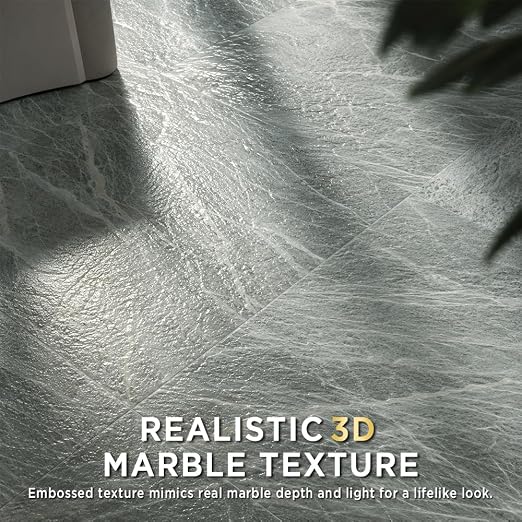 Marble Grain 12x12 Peel and Stick Floor Tile, Moss Gray Marble, 10 PCS | NO Grout, NO Mess, For Kitchen Backsplash, Bathroom Update, Non-Slip & Scratch-Resistant