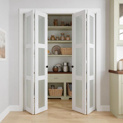 Bifold Doors for 60" x 80" Opening,3-lite Tempered Frosted Glass | Closet Folding Doors with Hardware kit Included, Easy Assembly for Pantry Closet, White,Water-Proof PVC Surface