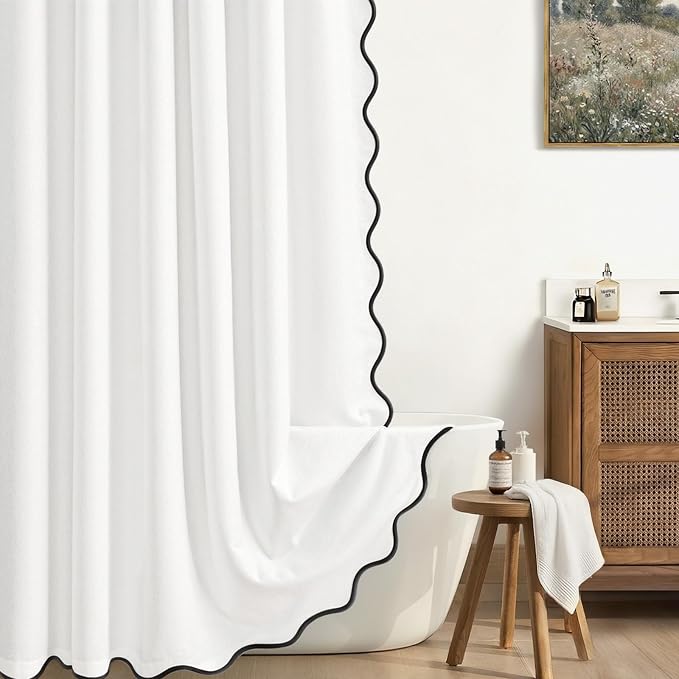 Scalloped Shower Curtain Linen Boho White 72" W x 84" L | Linen Fabric, Black Border, Washable, Heavy Duty Cloth, Shower Curtain for Boho Farmhouse Bathroom Bathtub