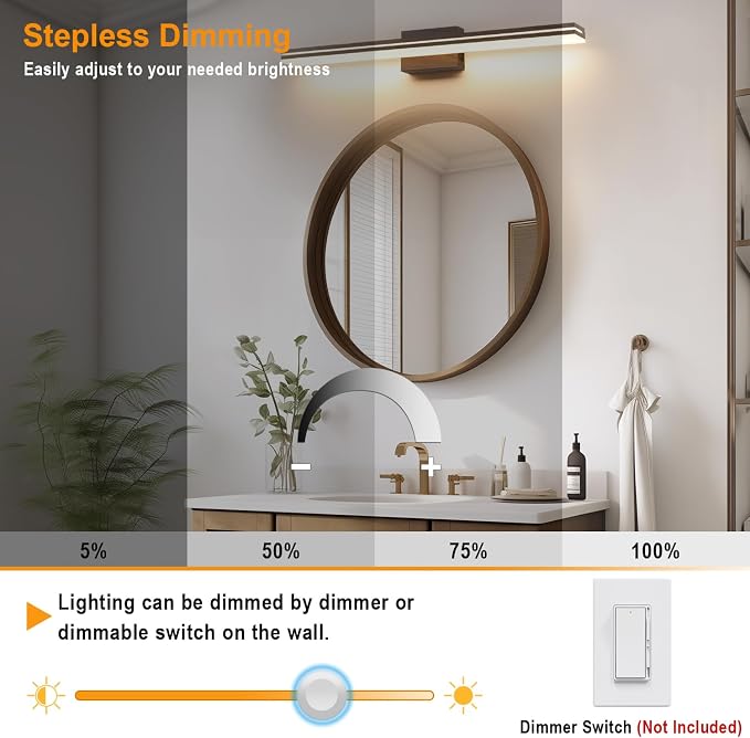 SineRise LED Modern Bathroom Vanity Light Fixtures (40-Inch, 3000K/4000K/6000K, Dimmable), Brown Wood Painted Modern Acrylic Bathroom Wall Lighting Fixtures Over Mirror
