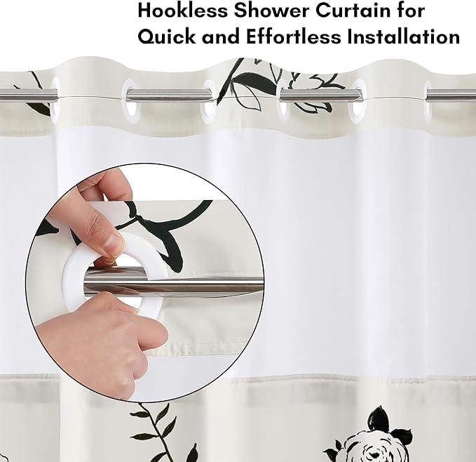 Americanflat 72x75 Hookless Shower Curtain - Water-Resistant Floral Shower Curtain with Sheer Panel, Snap-in Liner, and Grommets - 100% Polyester - Botanical Bathroom Curtains - Black and Ivory