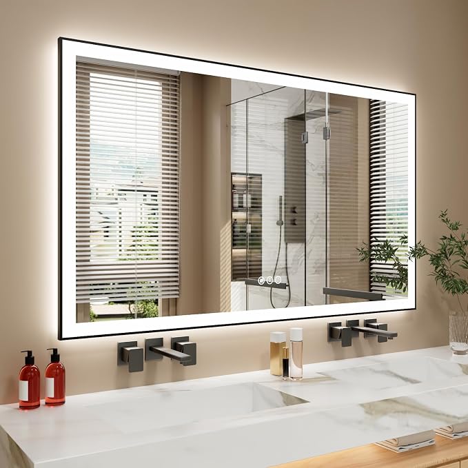 60x36 Inch LED Bathroom Mirror with Black Frame | Black Metal Frame, Front and Backlit, 3 Colors, Dimmable, Memory, Anti Fog, Tempered Glass, Lighted Mirror for Wall