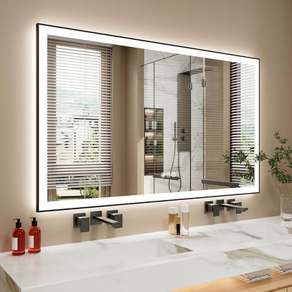 60x36 Inch LED Bathroom Mirror with Black Frame | Black Metal Frame, Front and Backlit, 3 Colors, Dimmable, Memory, Anti Fog, Tempered Glass, Lighted Mirror for Wall
