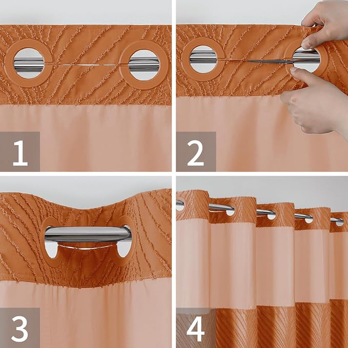 eachope no Hook Shower Curtain and Fabric Liner Set，Thanksgiving Autumn Shower Curtain, Boho Tufted Striped Style with See Through Top Window,Orange, 71Wx74H
