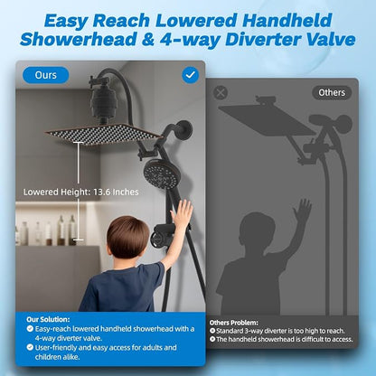 Hibbent 12" Dual Filtered 10" Rainfall Shower Head with Handheld 10-Spray | High Pressure Metal Oil-Rubbed Bronze Showerhead Combo with Filter, Extension Arm with 4-way Diverter, 71'' Hose & Holder