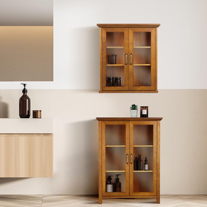 Teamson Home Avery Wooden Over The Toilet Bathroom Removable Wall Medicine Cabinet with 2 Adjustable Shelves 3 Storage Spaces 2 Glass-Paneled Doors and Antique Brass Knobs, Oiled Oak | Glass Paneled Doors, 2 Adjustable Shelves, Antique Brass Knobs, Med...