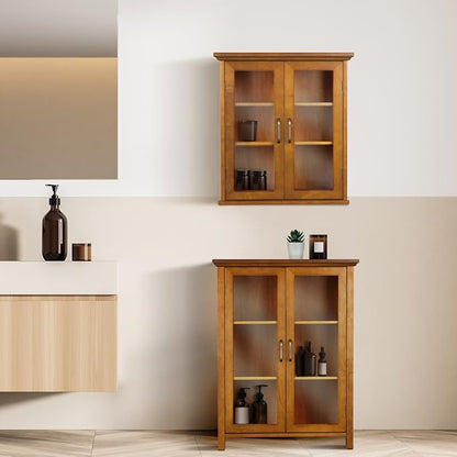 Teamson Home Avery Wooden Over The Toilet Bathroom Removable Wall Medicine Cabinet with 2 Adjustable Shelves 3 Storage Spaces 2 Glass-Paneled Doors and Antique Brass Knobs, Oiled Oak | Glass Paneled Doors, 2 Adjustable Shelves, Antique Brass Knobs, Med...