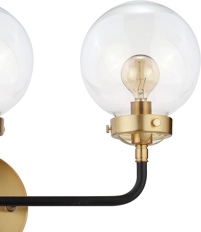 JONATHAN Y 22" Black/Brass Gold 3-Light LED Wall Sconce Vanity Lighting, Clear Glass Globe Shade Modern Contemporary Sconce for Bathroom Mirror, Hallway, UL Listed (JYL9011A)