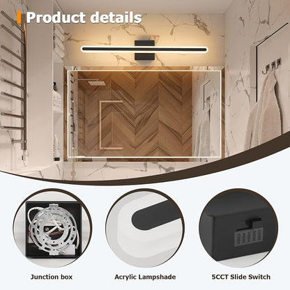 Modern Black Vanity Lights for Bathroom 5CCT Dimmable LED Light Bar | Bathroom Above Mirror Vanity Lighting, 31.5 Inch 24W
