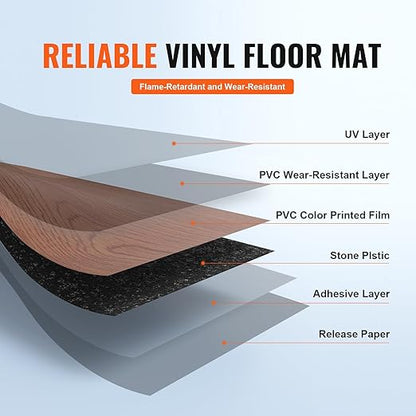 VEVOR Self Adhesive Vinyl Floor Tiles 36x6 inch, 36 Tiles 2.5mm Thick Peel & Stick Tile 54 Sq.Ft, Deep Brown Wood Grain DIY Flooring for Kitchen Dining Room Bedrooms & Bathrooms, Easy for Home Decor