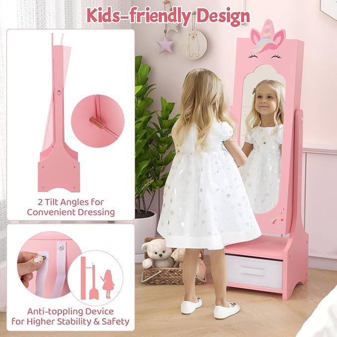 CHARMAID Kids Jewelry Cabinet - 45.5" Standing Armoire With Full Length Mirror, Organizer With Storage Drawers, Vanity Dressing Mirror for Girls (Pink)