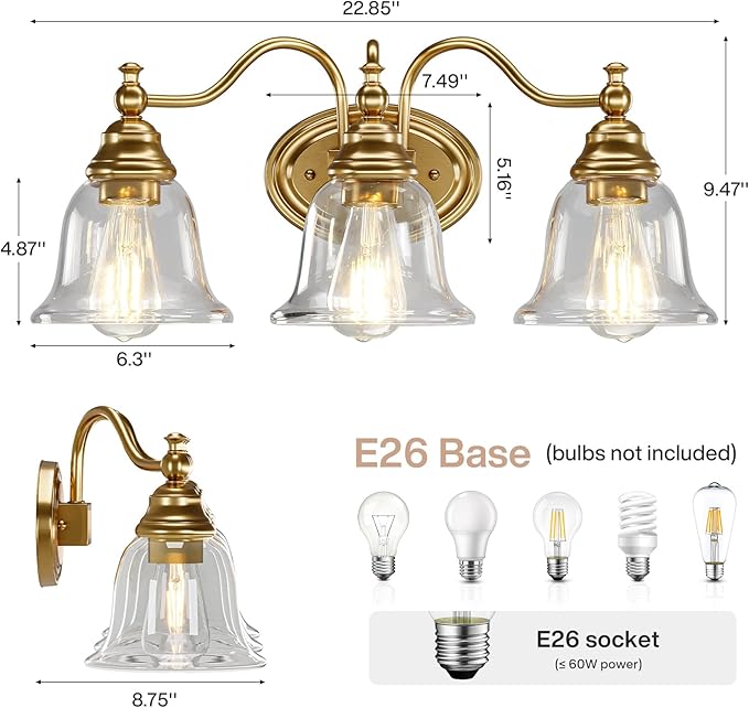 Tribesigns 3-Light Bathroom Light Fixtures, Modern Vanity Light with Clear Glass Shade, Bathroom Wall Lamp for Mirror Living Room Kitchen Hallway Porch, E26 Base, Bulbs Not Included (Gold)
