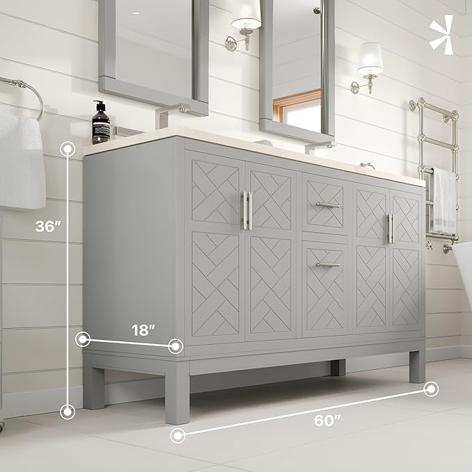 Eviva Cambridge 60 in. Gray Double Sink Bath Vanity with Quartz Top and Undermount Porcelain Sinks
