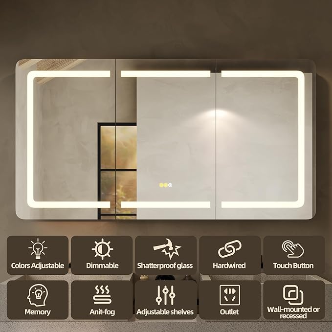 60''x32'' LED Bathroom Mirror Cabinet with Lights, Wall Mounted or Recessed Medicine Cabinet, Dimmable Front& Anti-Fog, Adjustable Shelves, Modern Aluminum Storage Cabinet (60x32 in | 3 Doors)