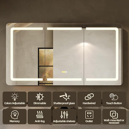 60''x32'' LED Bathroom Mirror Cabinet with Lights, Wall Mounted or Recessed Medicine Cabinet, Dimmable Front& Anti-Fog, Adjustable Shelves, Modern Aluminum Storage Cabinet (60x32 in | 3 Doors)