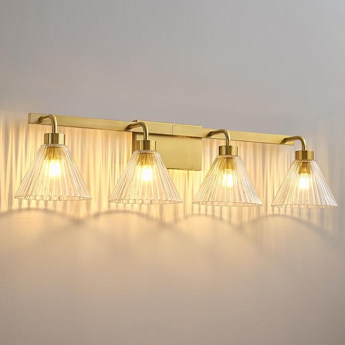AIJIASI Bathroom Vanity Light Fixtures 4-Light Modern Vanity Lights for Bathroom Brass Gold Bathroom Lighting Fixtures Over Mirror with Ribbed Glass Shade for Bath Restroom 34 Inch