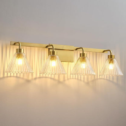 AIJIASI Bathroom Vanity Light Fixtures 4-Light Modern Vanity Lights for Bathroom Brass Gold Bathroom Lighting Fixtures Over Mirror with Ribbed Glass Shade for Bath Restroom 34 Inch