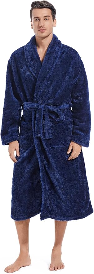 Inner Wish Mens Plush Fleece Robe, Cozy Warm Bathrobe Fuzzy Male Spa Long Robe With Pockets (DARK GREY)