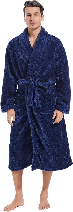 Inner Wish Mens Plush Fleece Robe, Cozy Warm Bathrobe Fuzzy Male Spa Long Robe With Pockets (DARK GREY)