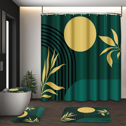 Bathroom Sets with Shower Curtain and Rugs 4 Pcs, Boho Geometric | Minimalist Midcentury Abstract Bathroom Decor Set with Toilet Lid Cover, Non-Slip Bath Mats and Accessories 12 Hooks