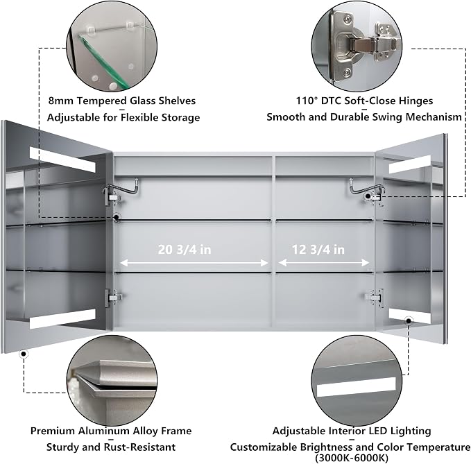 LED Bathroom Medicine Cabinet with Mirror, 24x36 Medicine Cabinet with Lights, Power Failure memor, Dimmable, Defogging, Recessed/Surface, Front&Backlit, Outlets, Dual-Opening