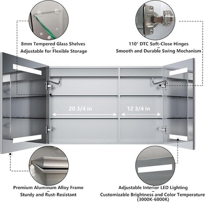LED Bathroom Medicine Cabinet with Mirror, 24x36 Medicine Cabinet with Lights, Power Failure memor, Dimmable, Defogging, Recessed/Surface, Front&Backlit, Outlets, Dual-Opening
