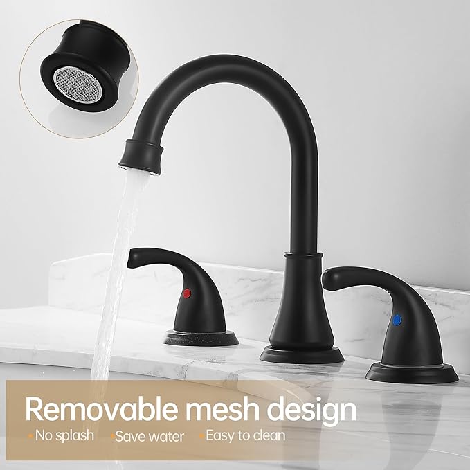 Bathroom Faucet 3 Holes, 8 Inch Widespread Faucet 2 Handle Bathroom Sink Faucets Lead-Free Matte Black Bath Sinks Faucets with Pop-up Drain Stopper and Supply Hoses