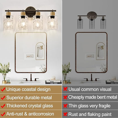 Bathroom Light Fixtures, 4-Light Coastal Vanity Lights with Crystal Glass Shade, Oil-Rubbed Bronze Bathroom Wall Lamp for Mirror Kitchen Hallway Cabinet