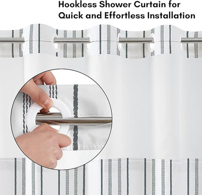 Americanflat 72x75 Hookless Shower Curtain - Water-Resistant Cottage Stripe Shower Curtain with Sheer Panel, Snap-in Liner, and Durable Grommets - 100% Polyester - Black, Grey and White
