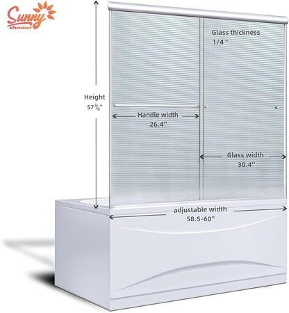 SUNNY SHOWER Double Sliding Shower Door Frosted Glass Shower Enclosure Sliding 60" W x 57.4" H Bathtub Door 1/4" Glass Panel, Brushed Nickel Finish