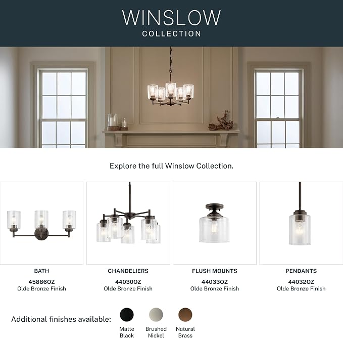 Kichler Winslow 3-Light Farmhouse Vanity Light, Olde Bronze | Clear seeded glass vanity light for bathroom mirrors (21.5" x 9.25"), 45886OZ