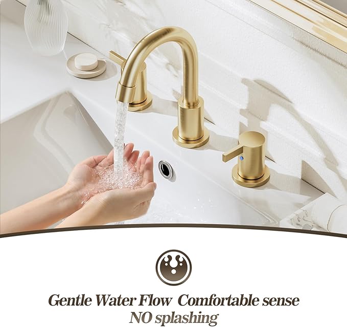 Phiestina Brushed Gold 3 Hole Widespread Bathroom Sink Faucet, 8 Inch Bathroom Faucet Set with Metal Pop UP Drain and Valve, WF15-1-BG