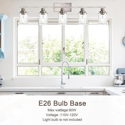 MELUCEE 5-Light Bathroom Light Fixtures Brushed Nickel Finish | Modern Vanity Light Industrial Wall Lamp with Clear Hammered Glass Shade for Powder Room Bedroom (Patent No.: US D963914 S)