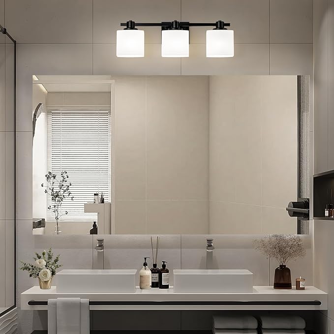 24 Inch Black Bathroom Light Fixtures over Mirror 3 Light Matte Black Vanity Light Milk Glass Makeup Shower Lamp Small Farmhouse Wall Sconce Modern Desk Vintage Rustic Bath above Sink Lighting