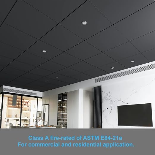 Art3d 12-Pack Smooth Drop Ceiling Tile 2ft x 2ft - Fire-Rated, Waterproof, Reusable - Premium PVC, No Sag and Breakage - Cover 48 Sq. Ft, Black | 2 x 2 ft, PVC, Waterproof, Fire-Rated, Reusable, Compatible with Grid System, Perfect for Living Room