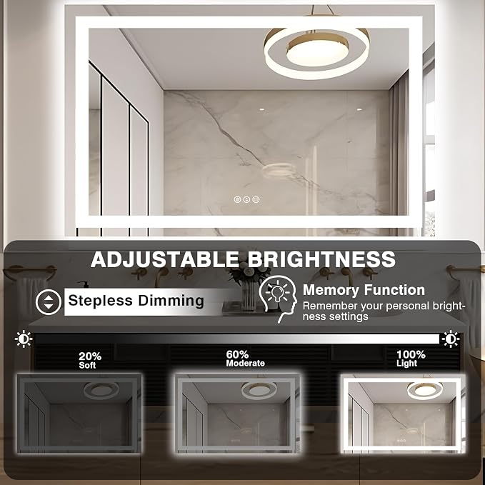EchosLife 55"x40" Bathroom Mirror with LED Lights | Backlit + Front Lit, Anti-Fog, Stepless Dimmable, 3 Colors, Memory, Tempered Glass, UL Listed, Horizontal/Vertical