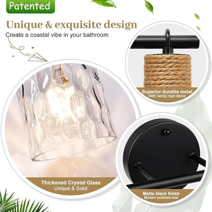 Bathroom Light Fixtures, 2-Light Coastal Vanity Lights with Crystal Glass Shade, Black Bathroom Wall Lamp for Mirror Kitchen Hallway Cabinet