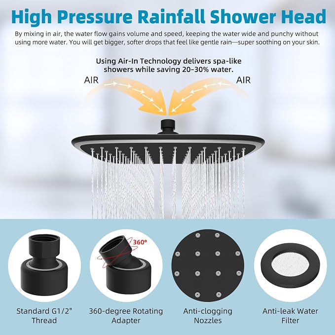 10" Rain Shower Head with 16" Metal Extension Arm, High-Pressure Showerhead | Black, Boosting Rainfall/Fixed Showerhead, Stainless Steel Shower Extender Adjustable Height/Angle, Easy 1-Min Installation