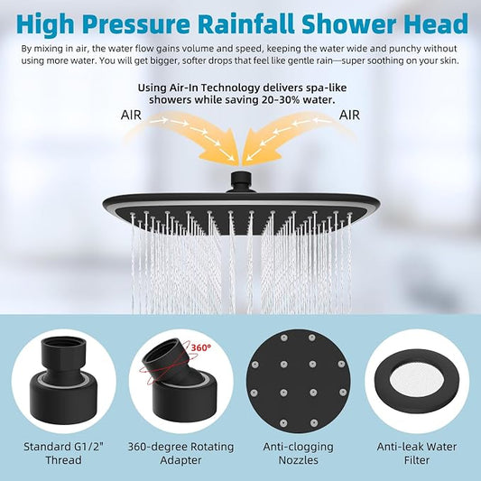10" Rain Shower Head with 16" Metal Extension Arm, High-Pressure Showerhead | Black, Boosting Rainfall/Fixed Showerhead, Stainless Steel Shower Extender Adjustable Height/Angle, Easy 1-Min Installation