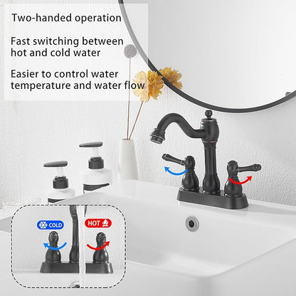 GGStudy Oil Rubbed Bronze Bathroom Faucet 2 Handles 4 Inches Centerset RV Bathroom Vanity Faucet with Drain Assembly and Supply Hose Lavatory Faucet