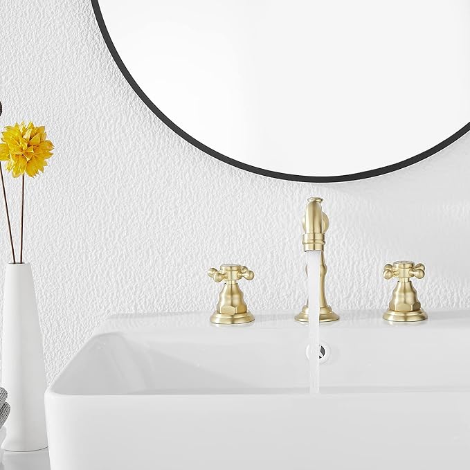 Brushed Gold Bathroom Faucet GGStudy 2 Handles 3 Holes Widespread Bathroom Sink Facuet Farmhouse Washingroom Faucet Mixer Tap