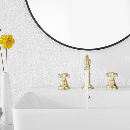 Brushed Gold Bathroom Faucet GGStudy 2 Handles 3 Holes Widespread Bathroom Sink Facuet Farmhouse Washingroom Faucet Mixer Tap